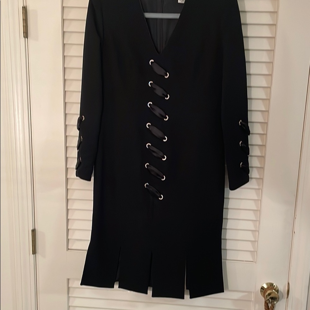 Sumiko Vintage Angled Rhinestone Black Lace-Up Front Sleeves V-Neck Midi Dress